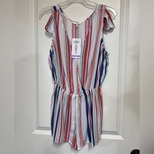 Hawaiian Tropic‎ Romper S Small V Neck Sleeveless Ruffles Summer Beach Striped